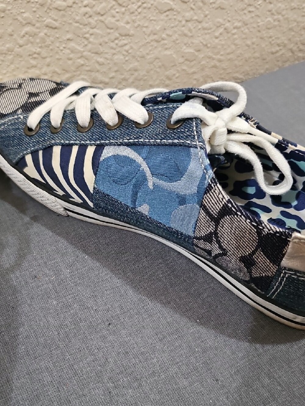 Coach Patchwork Blue Mixed-Print Lace-Up Sneakers Size 9 - Picture 3 of 12